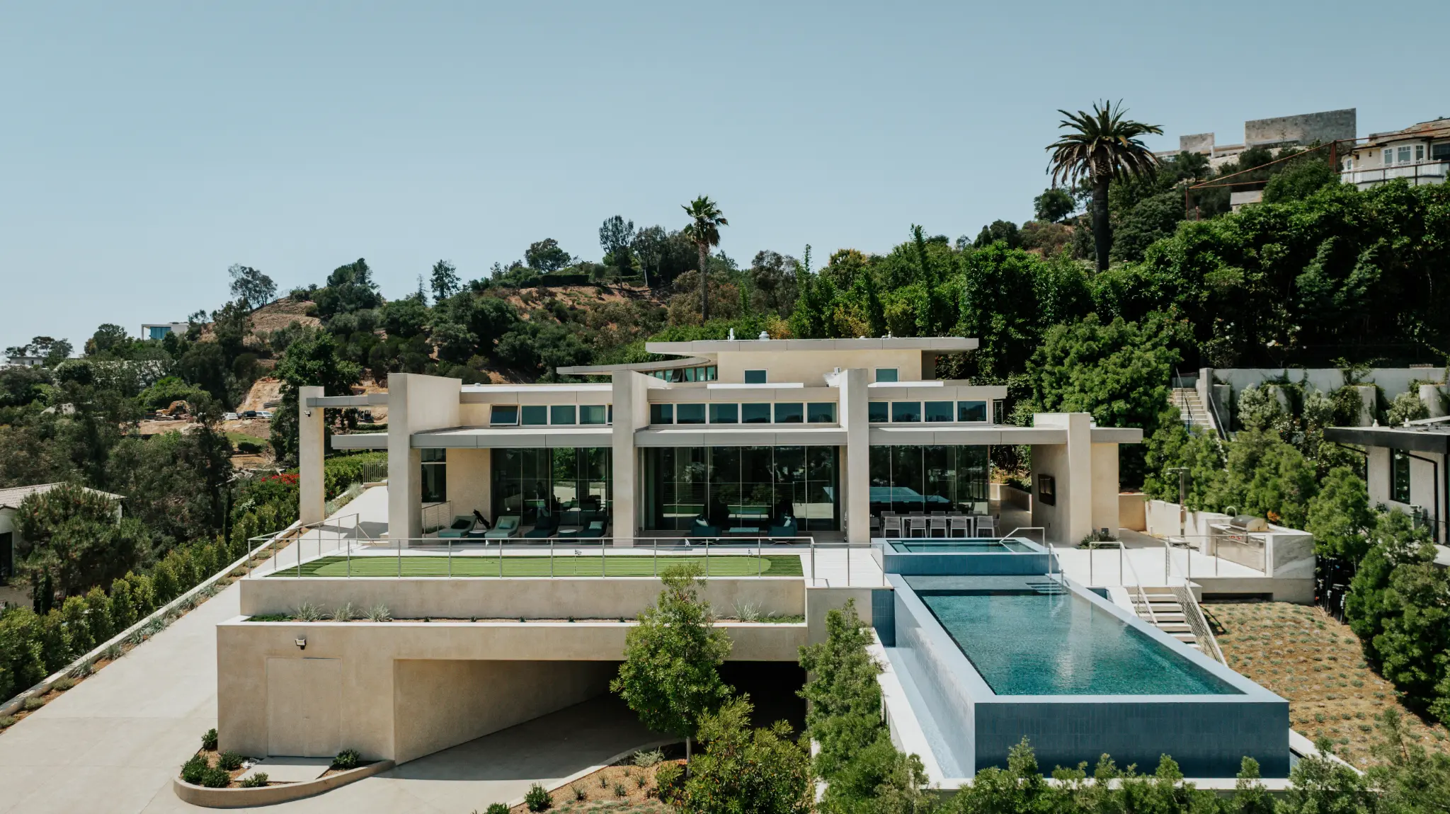 Aerial view of luxury residence with thermally broken minimal frame door systems