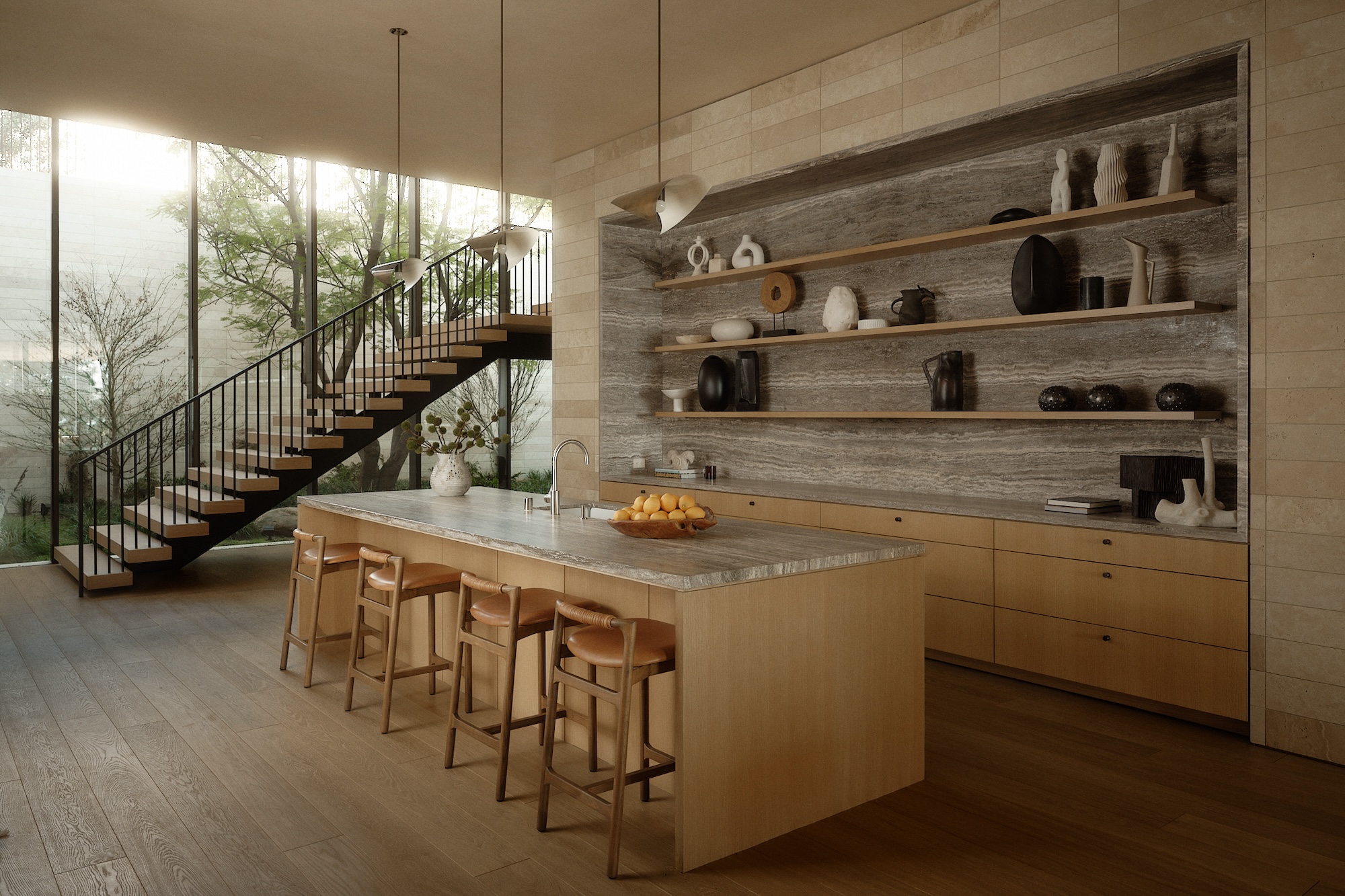 Modern kitchen with floor-to-ceiling curtain wall glazing and floating staircase