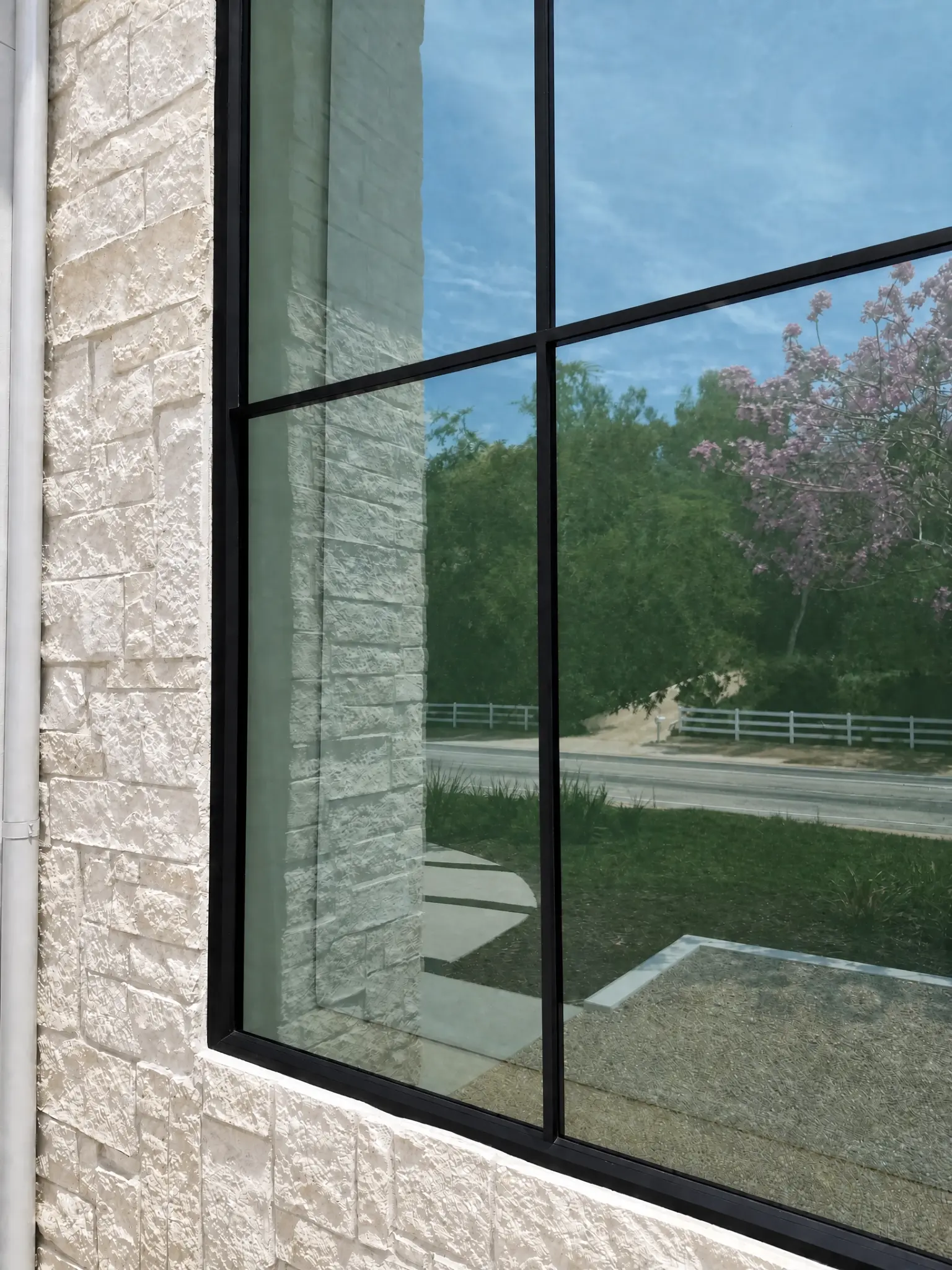 Steel Essence™ steel-look window with grid pattern against natural stone facade — showing grid depth, shadow lines, and blue sky view
